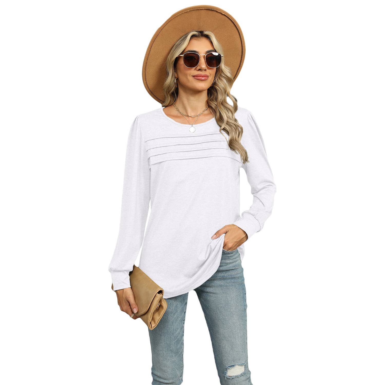 Solid Color U-Neck Pleated Long Sleeve T-Shirt