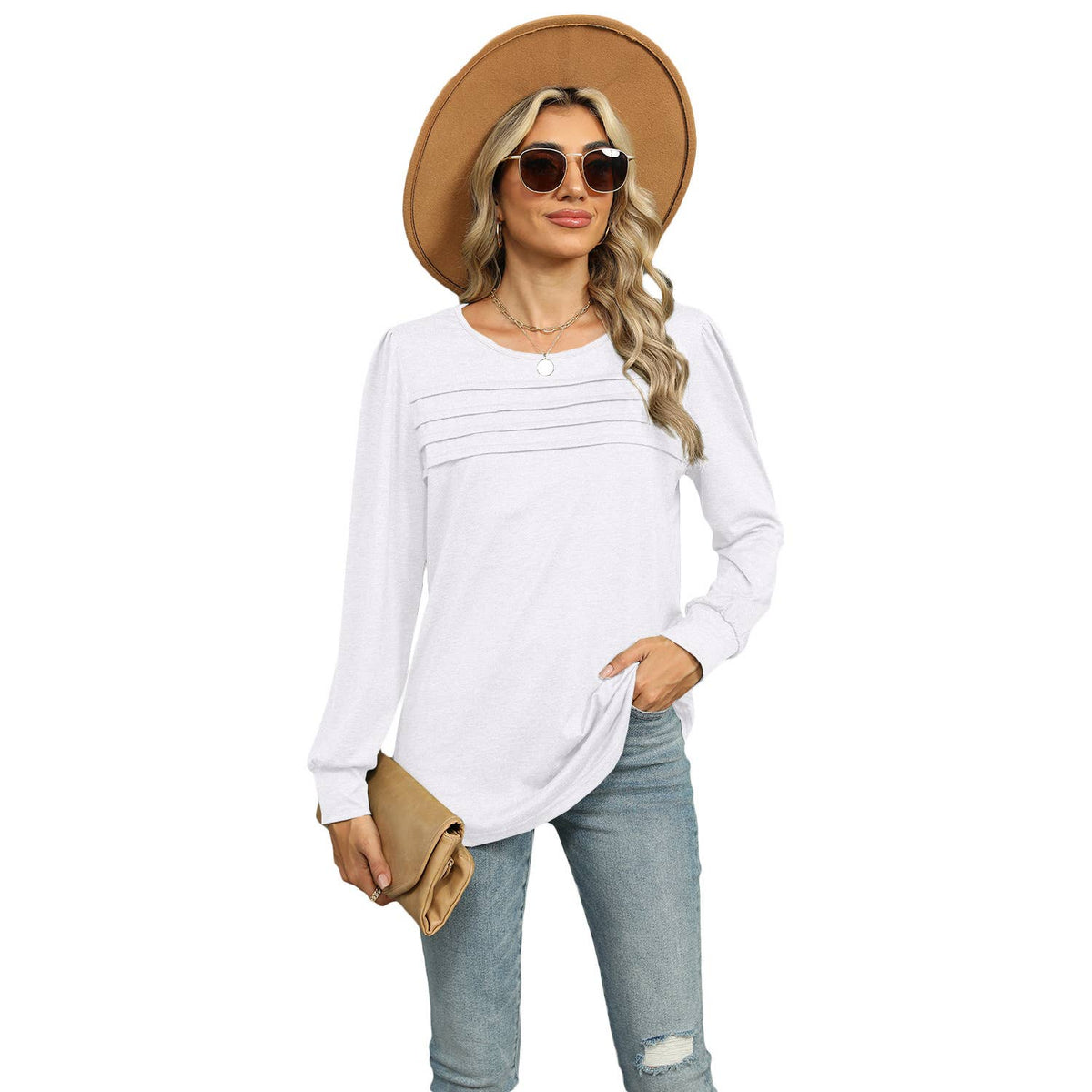 Solid Color U-Neck Pleated Long Sleeve T-Shirt