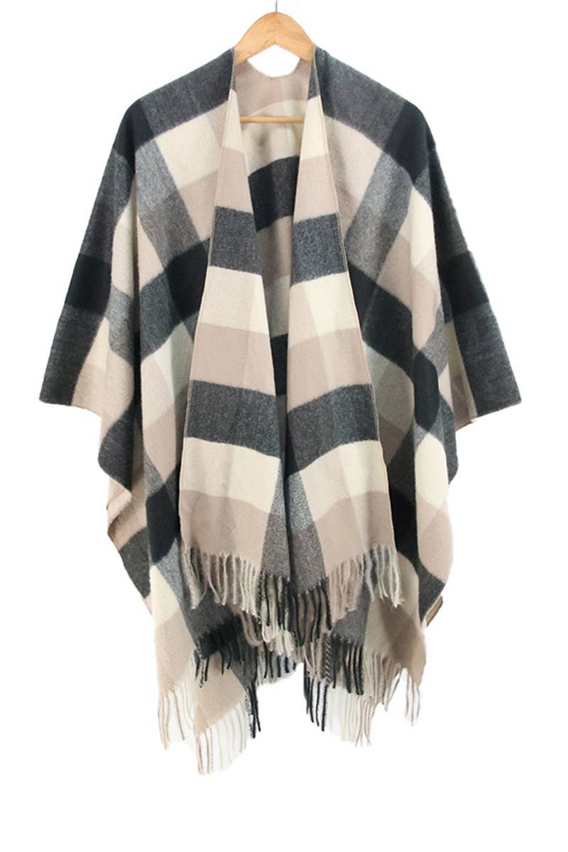 PLAID PATTERN COLOR BLOCK SHAWL WRAP CAPE_CWASC002