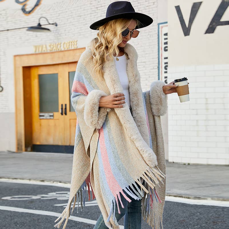 Womens Hooded Cape Striped Knitted Fringe Shawl