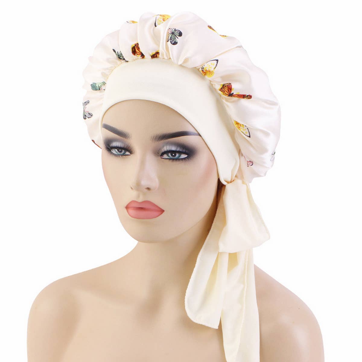 BUTTERFLY PRINT STRETCH NIGHTCAP WITH LONG RIBBON_CWAH1476