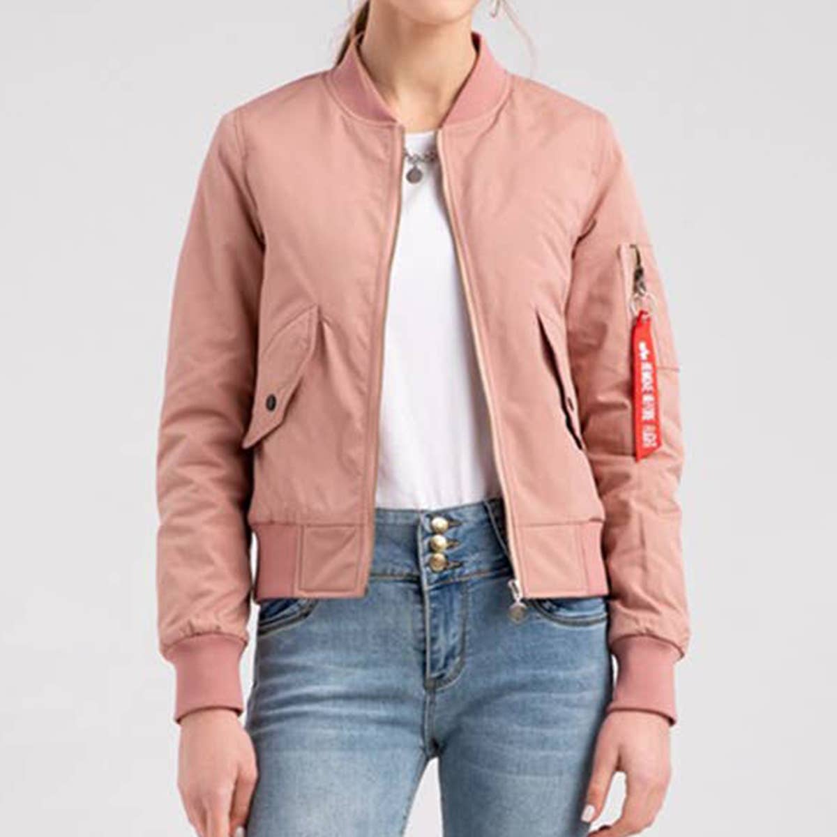 Solid Color Zipper Bomber Jacket