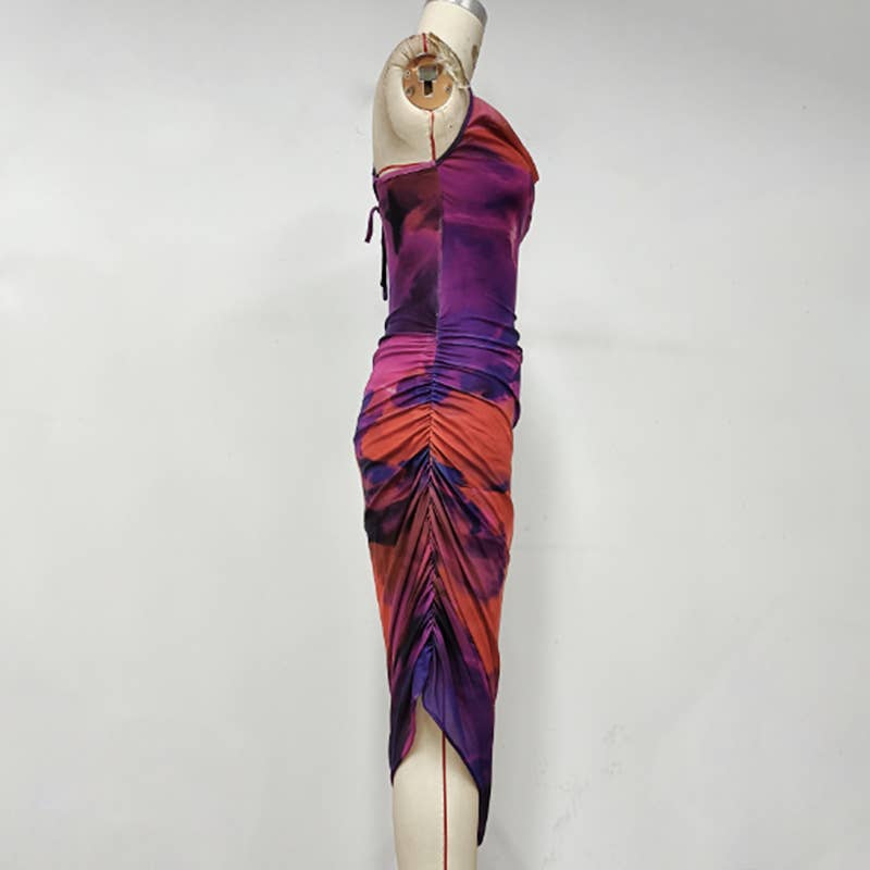 Tie-Dye Drawstring Bodycon Mesh Midi Dress