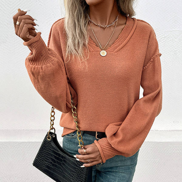 Stylish V-Neck Hem Hem Solid Pullover Sweater