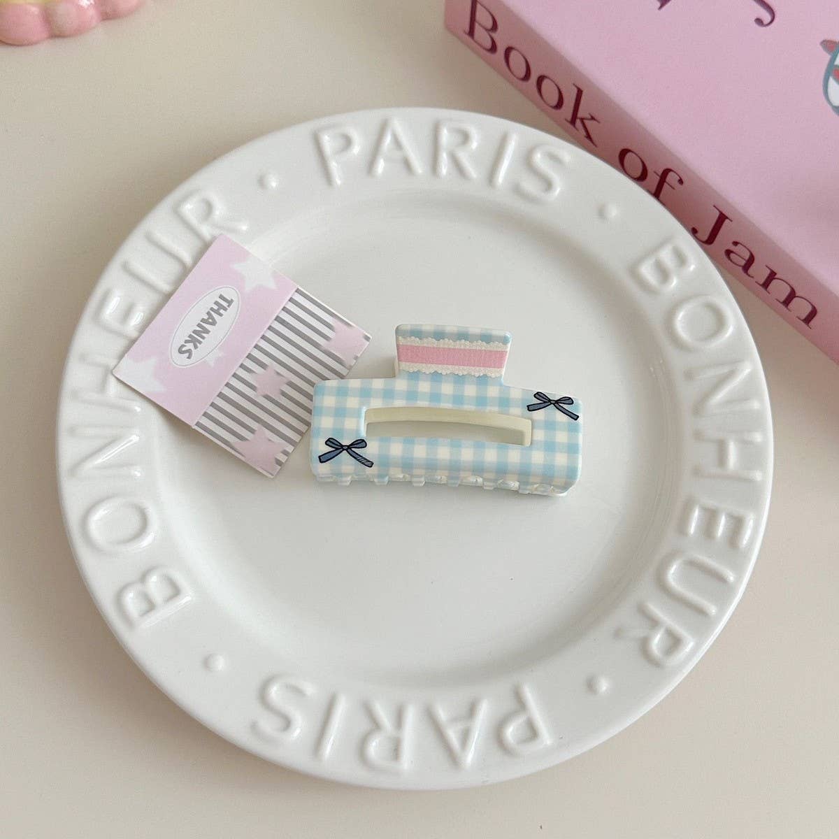 FLORAL CHECKERED BOW CLIP ACRYLIC HAIR ACCESSORIES_CWAHA3971