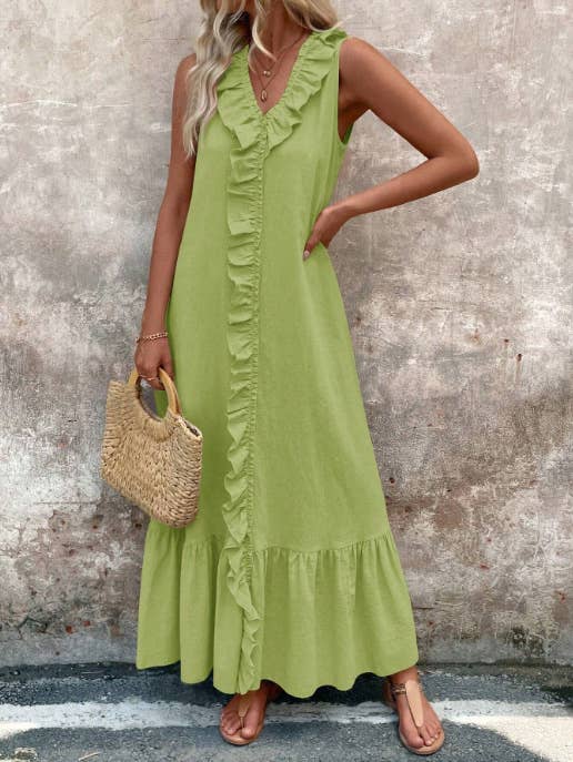 Solid-Colored Cotton V-Neck Loose Wide-Hem Dress