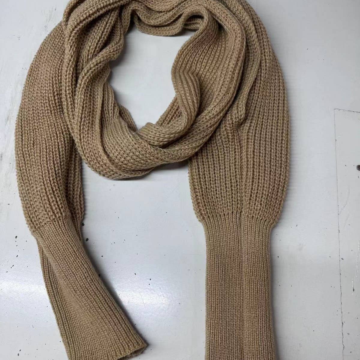 Cwasc1794_Elongated Solid Color Knitted Scarf With Sleeves