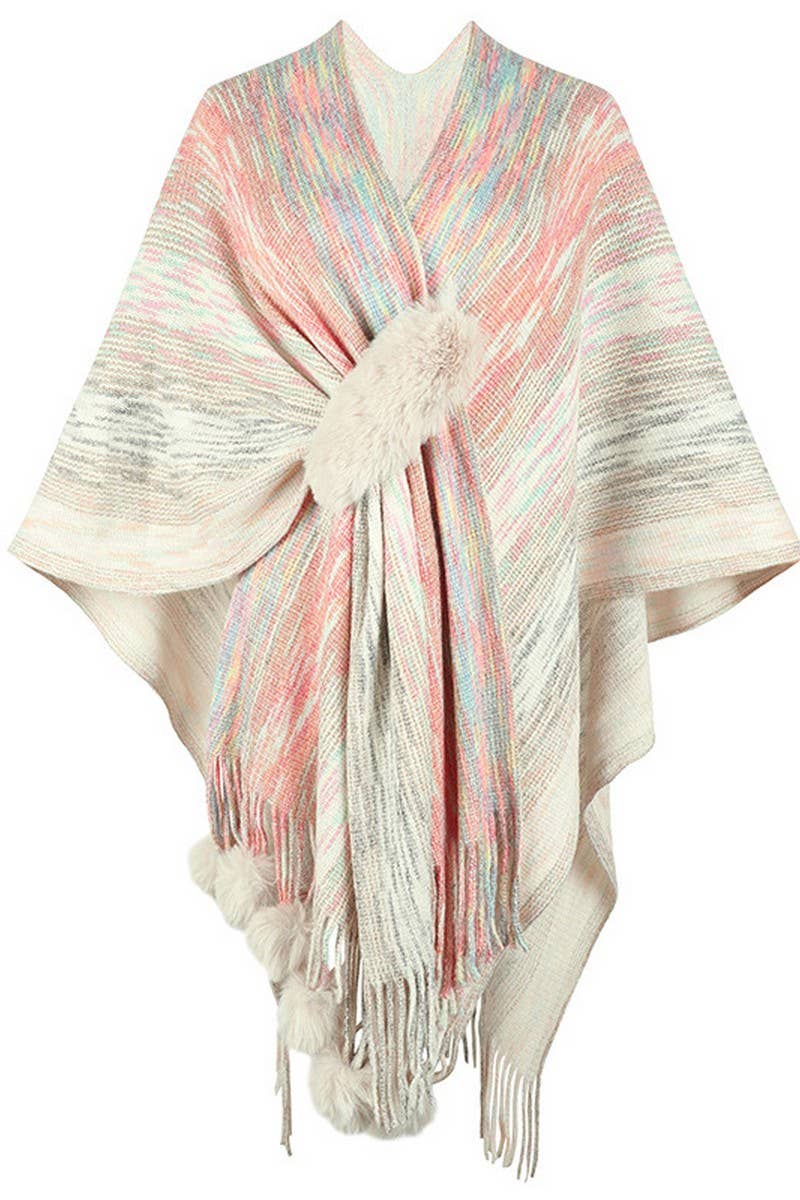 Cwocas0051_Contrast Color Pompom Tassel Knitted Shawl