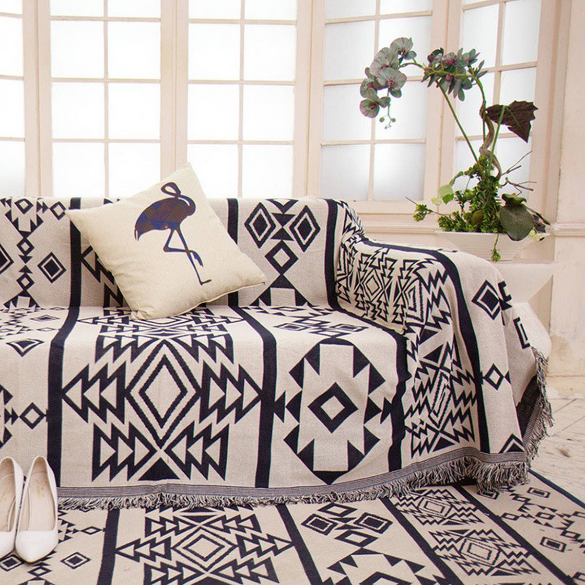 COTTON SOFA THROW BLANKET WITH GEOMETRIC PRINT_CWMM9645