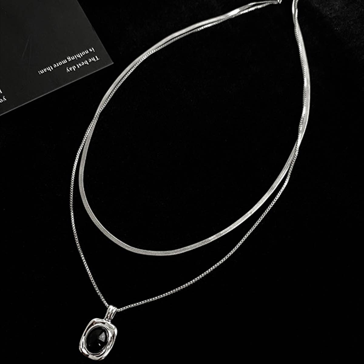 SQUARE OVAL PENDANT DOUBLE LAYER FASHION NECKLACE_CWAJE2373