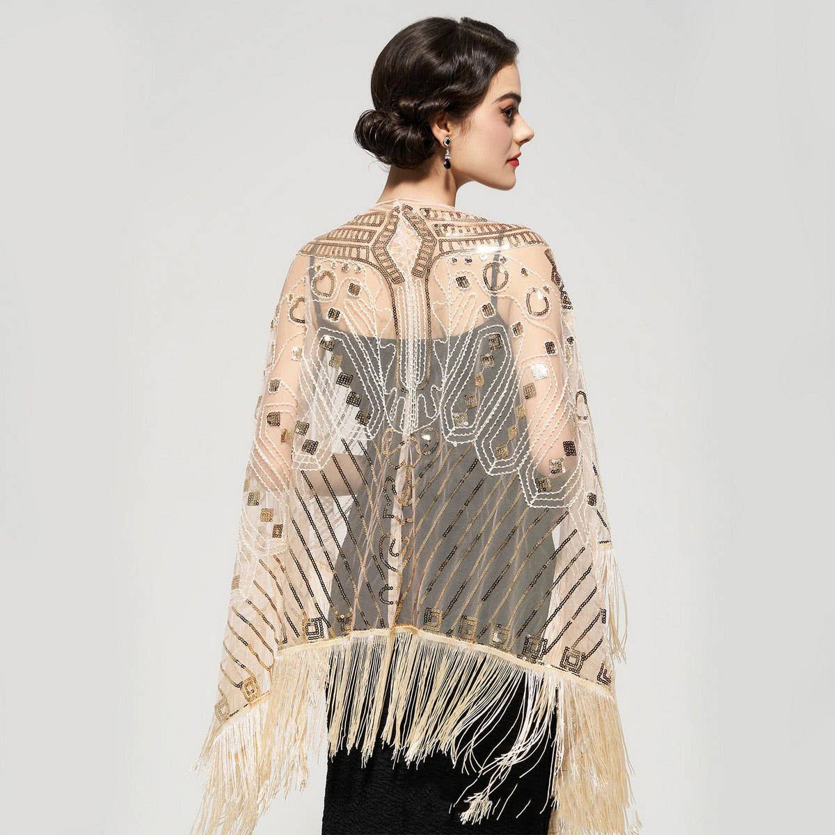 ELEGANT SHEER SEQUIN FRINGE WRAP FORMAL DRESS_CWMM8955