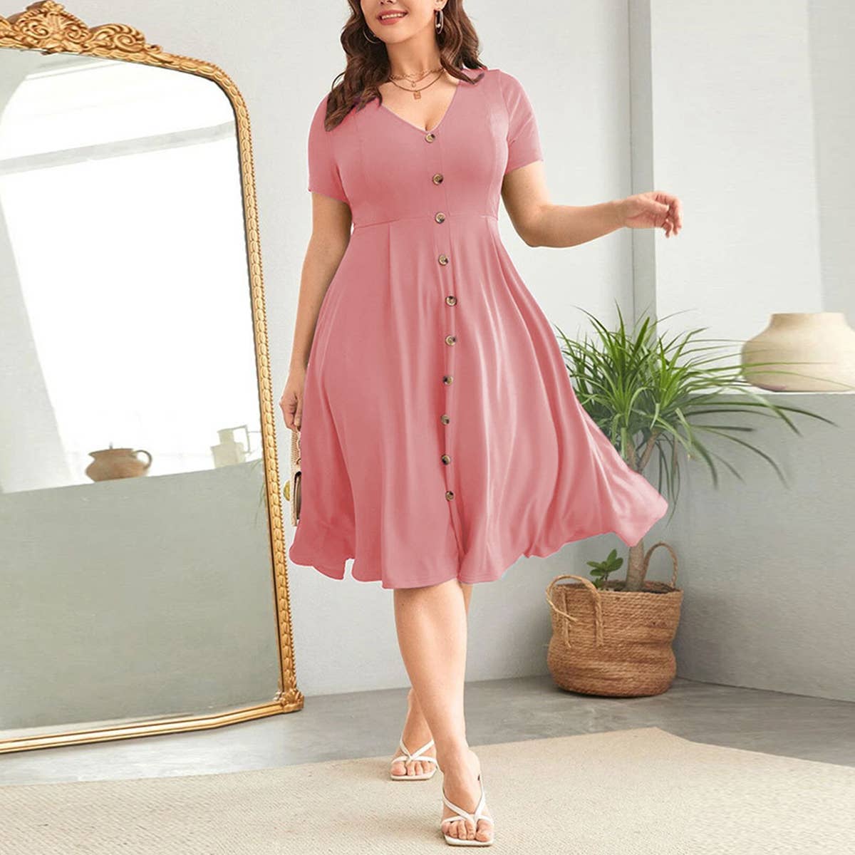 CHIC V NECK WAIST TIED A LINE WORK DRESS_CWDMD6056