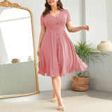 CHIC V NECK WAIST TIED A LINE WORK DRESS_CWDMD6056