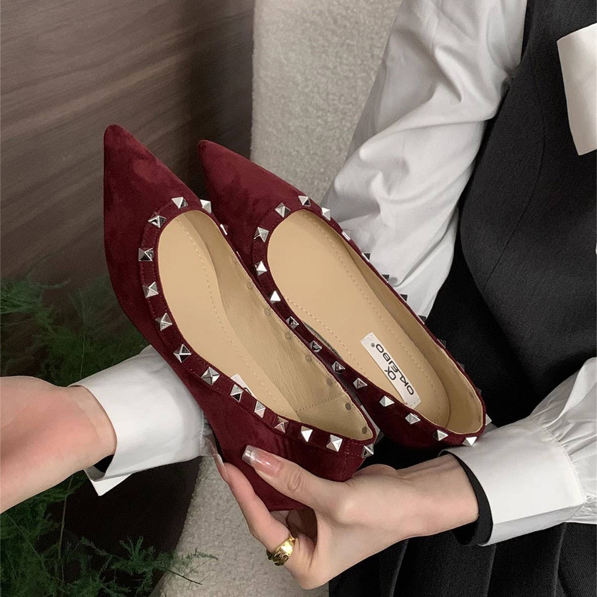 Wedge Pointed Studded Apricot Loafers