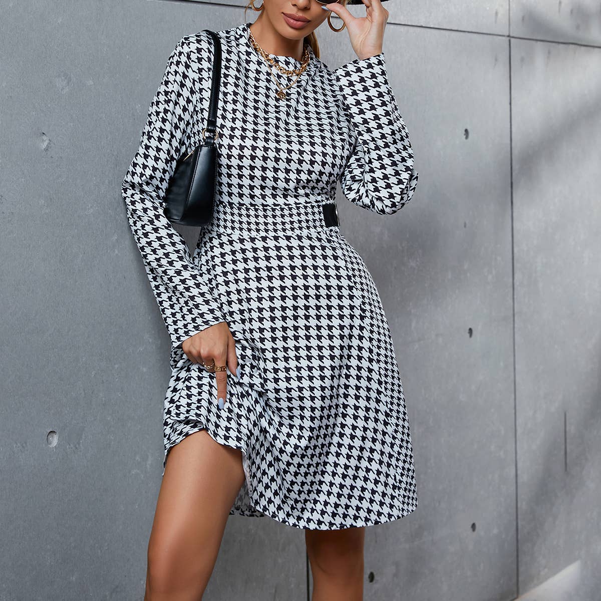 Thousand-Bird Plaid Long-Sleeved Dress