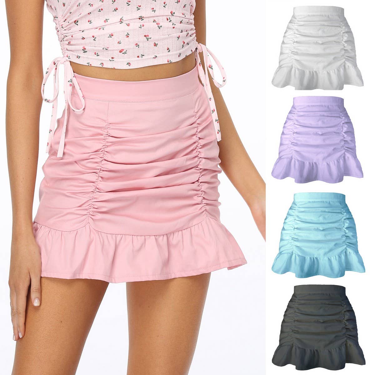 SOLID COLOR PLEATED RUFFLE ZIPPER SKIRT_CWBSS0388