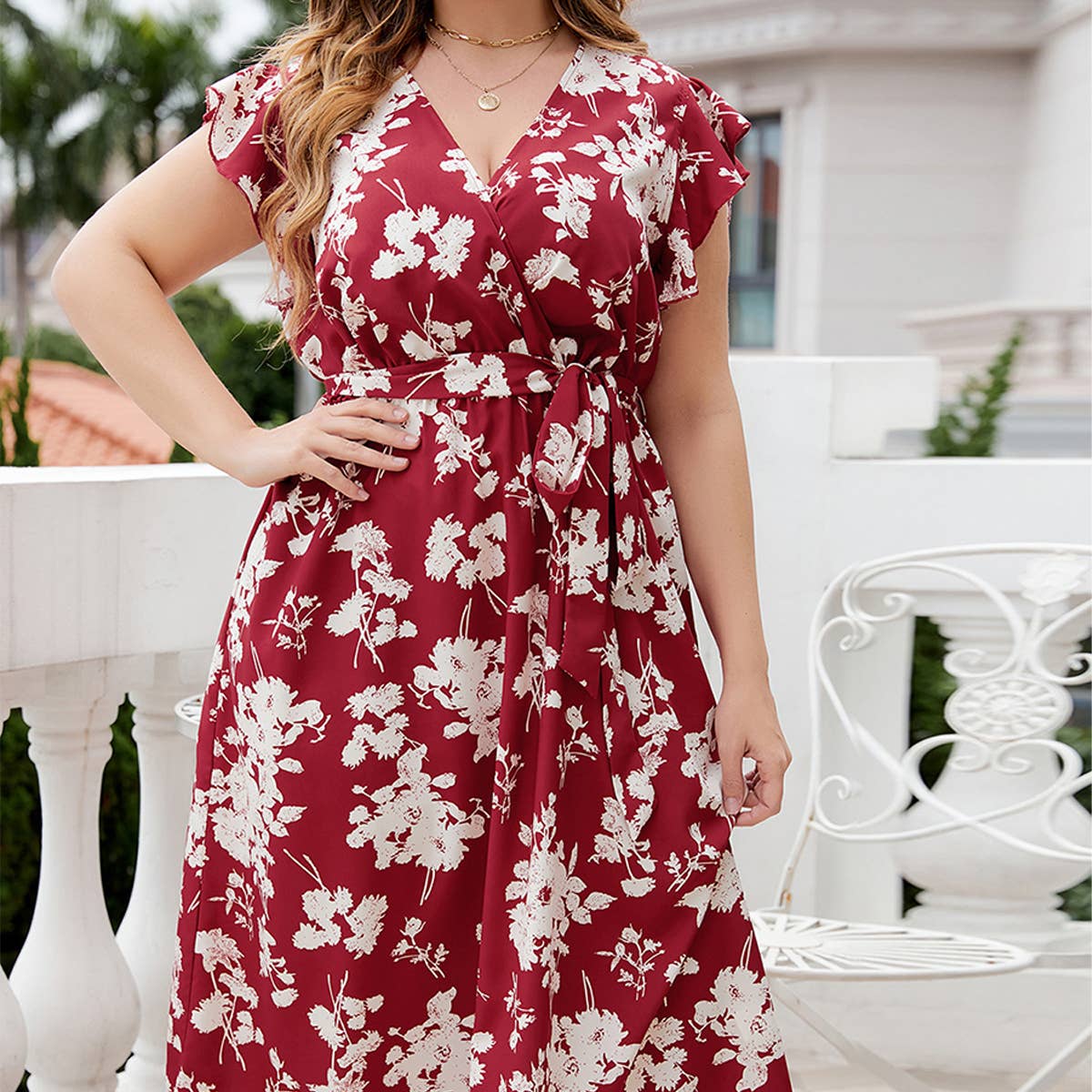PLUS SIZE V NECK RED DRESS BELTED SUMMER FIT_CWDMD5966