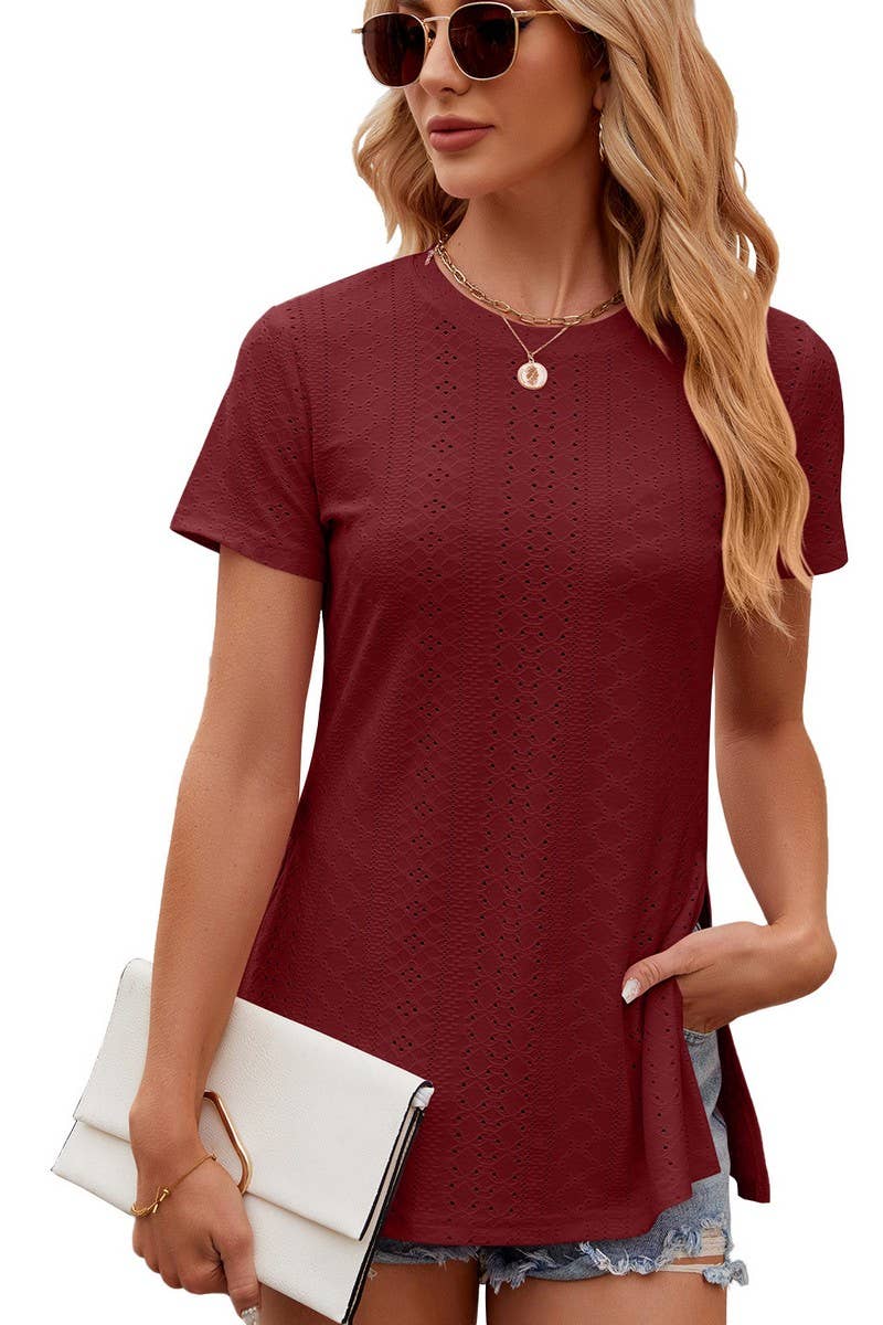 Solid Color Crew Neck Short Sleeve Split Top_Cwtsts0145