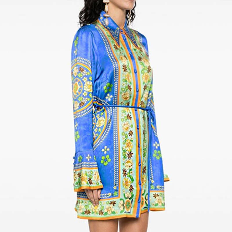 Stylish Lace-Up Dress With Vintage Lapel Print