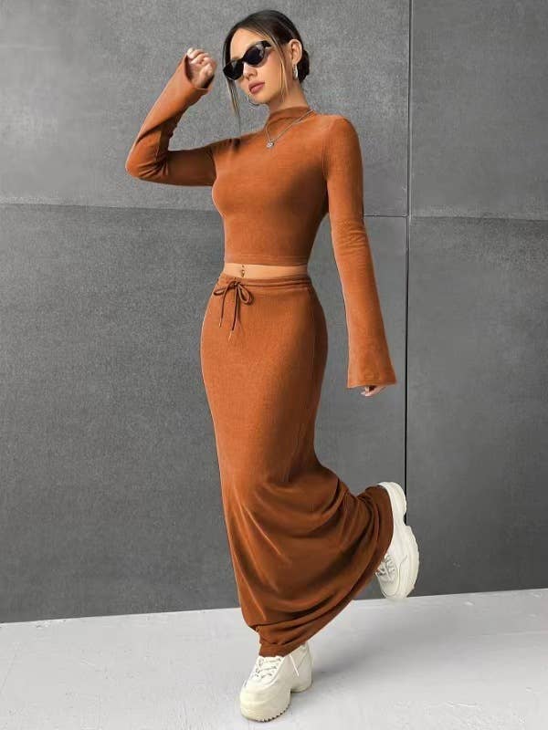 Solid Color Long Sleeve Top Long Skirt Set