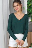Solid V-Neck Long Sleeve T Shirt_Cwttl1444
