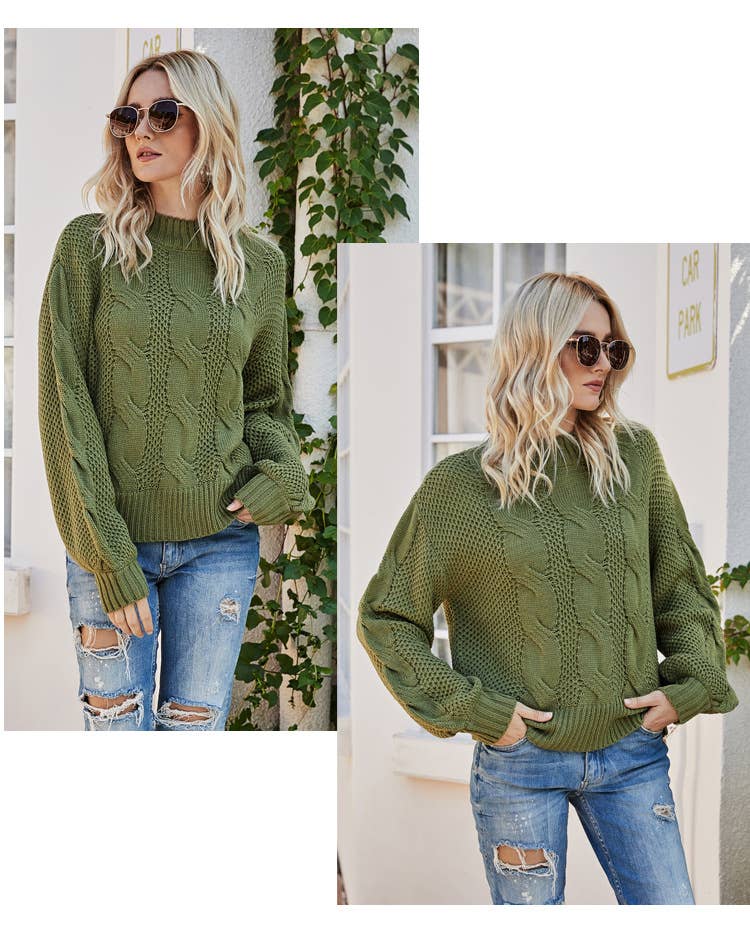 Solid Color Twisted Floral Half Turtleneck Sweater