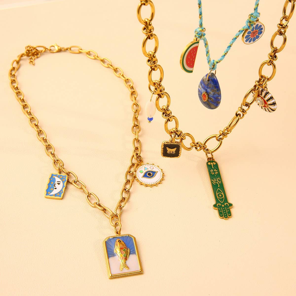 18K STEEL FATIMA HAND NECKLACE WITH FISH EYE_CWMM8859