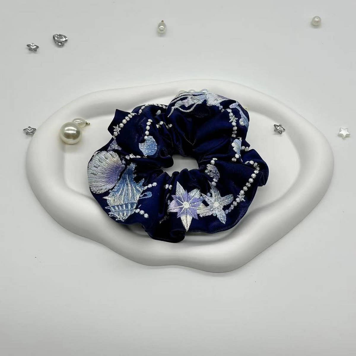 EMBROIDERED MARINE LIFE SQUARE SCARF HAIR TIE_CWAHA3691