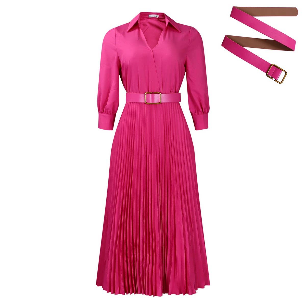 ELEGANT LAPEL SOLID COLOR WIDE HEM PLEATED DRESS_CWDMD3661
