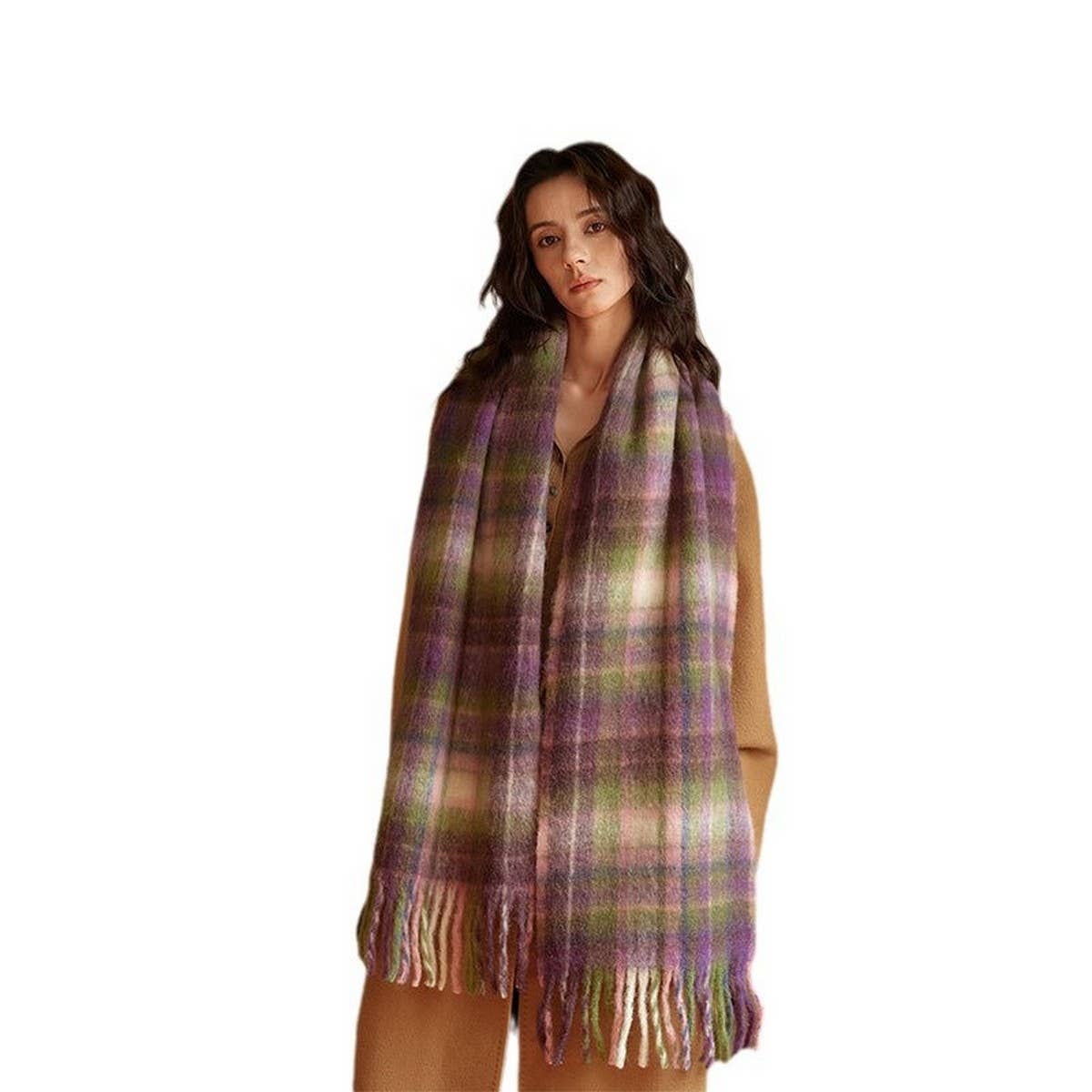 PURPLE PINK WOOL BLEND PLAID SCARF WINTER WARMTH_CWASC2334