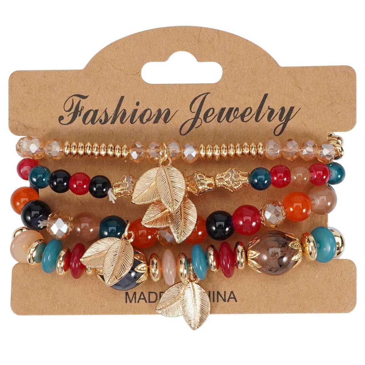 Cwmm10456_Boho Leaf Charm Multi Layer Beaded Bracelet