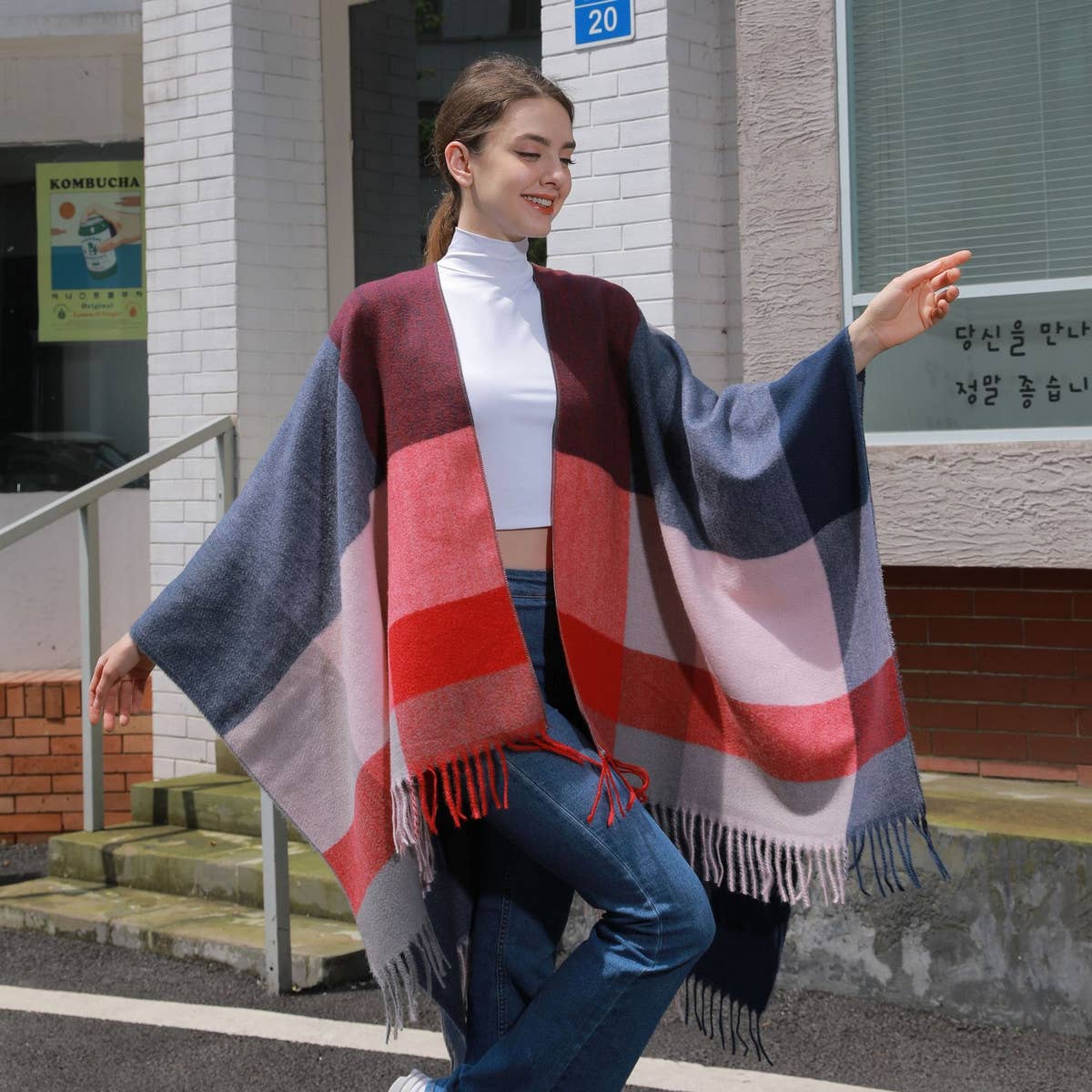 SIMPLE TASSEL MULTI COLOR LARGE PLAID SHAWL_CWASC0942