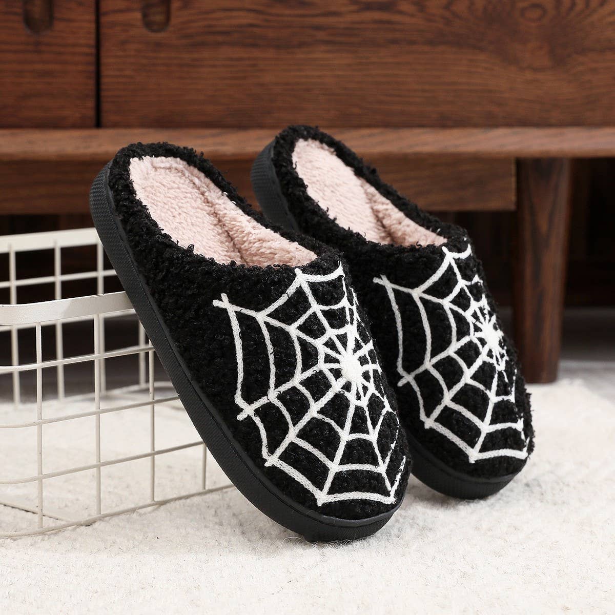 HALLOWEEN SPIDER WEB EMBROIDERED COTTON SLIPPERS_CWSHS0757