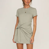 Solid Color Short-Sleeved Dress With Hem Lace