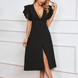 V Neck Sexy Backless Button A Line Midi Dress_Cwdsd3248