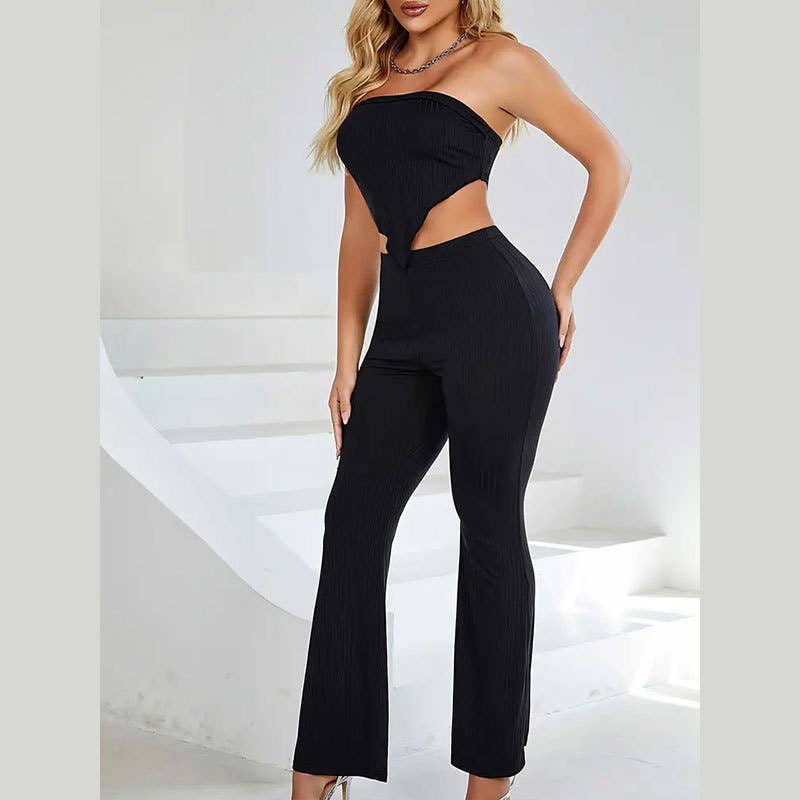 Strapless Top Elastic Waist Flare Two Piece Set