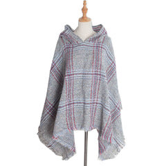 CIRCLE YARN FUR LARGE PLAID HOODED CAPE SHAWL_CWASC1211
