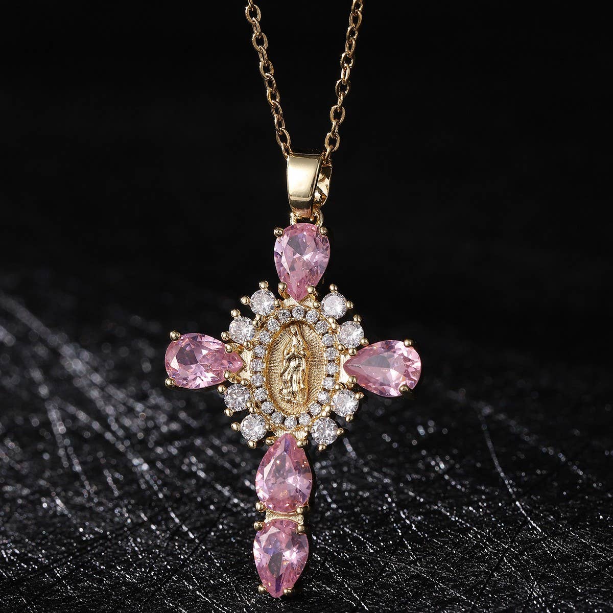 Zirconia Pendan Virgin Mary Cross Necklace_Cwmm5867