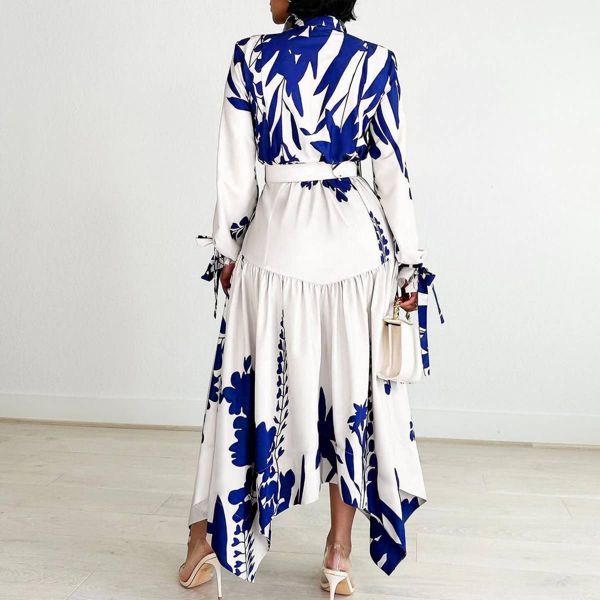 TEMPERAMENT PRINTED IRREGULAR LAPEL DRESS_CWDMD3655