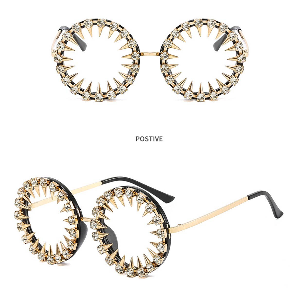RETRO ROUND FRAME RHINESTONE METAL RIVET GLASSES_CWASG0783