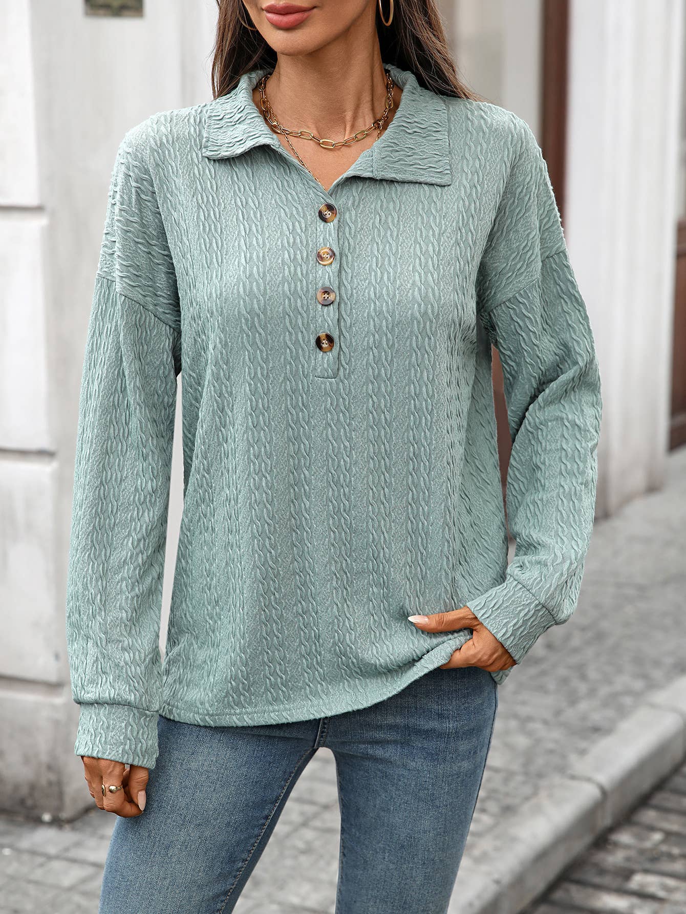 Solid-Color Lapel Loose Long-Sleeved Sweatshirt