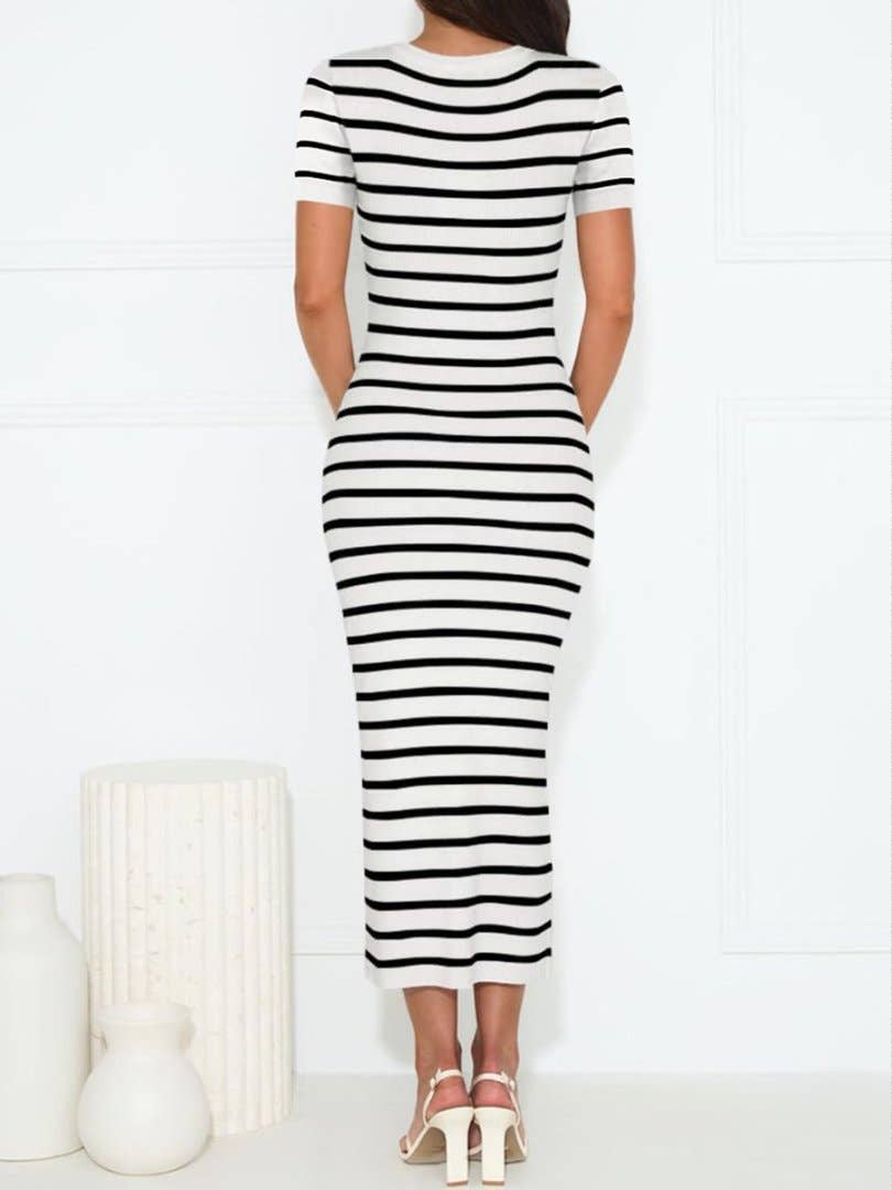 Striped Patchwork Short-Sleeved U-Neck Dress