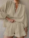 Cotton Linen V-Neck Lantern Sleeve Shorts Suit