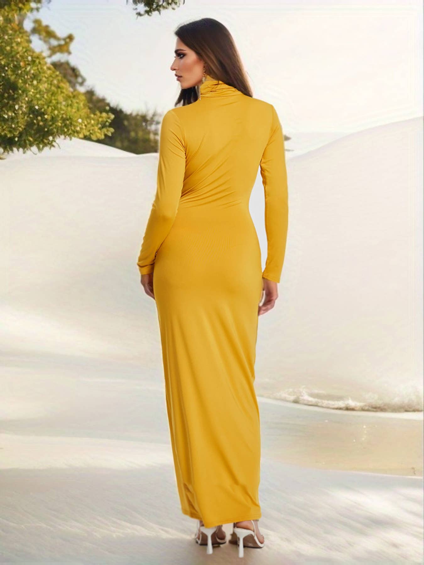 Stylish Solid Color Long Sleeves High Neck Dress