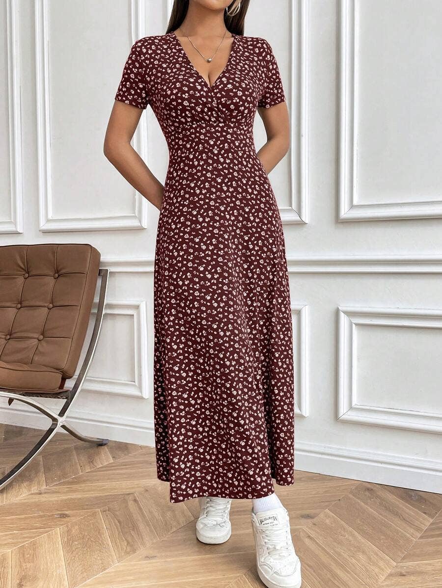 V-Neck Elegant Cinched Waist Casual Floral Dress