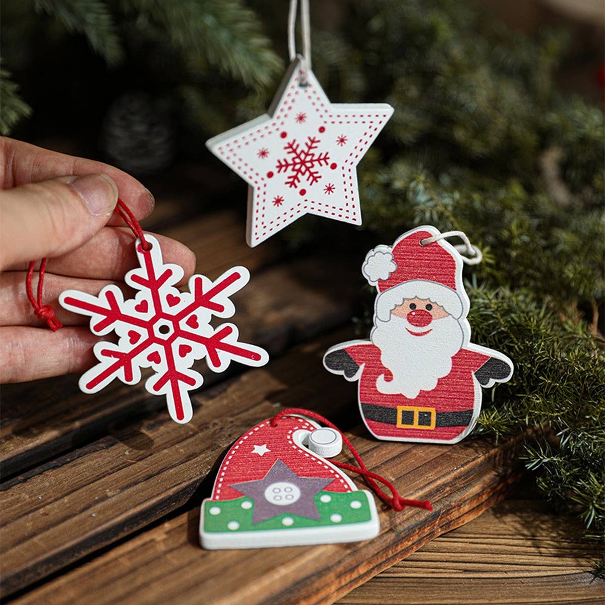 COLORFUL WOODEN SANTA SNOWFLAKE TREE ORNAMENT_CWMM9759