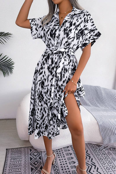 CWDMD2628_CASUAL LOOSE LEOPARD PRINT LACE-UP SHIRT DRESS