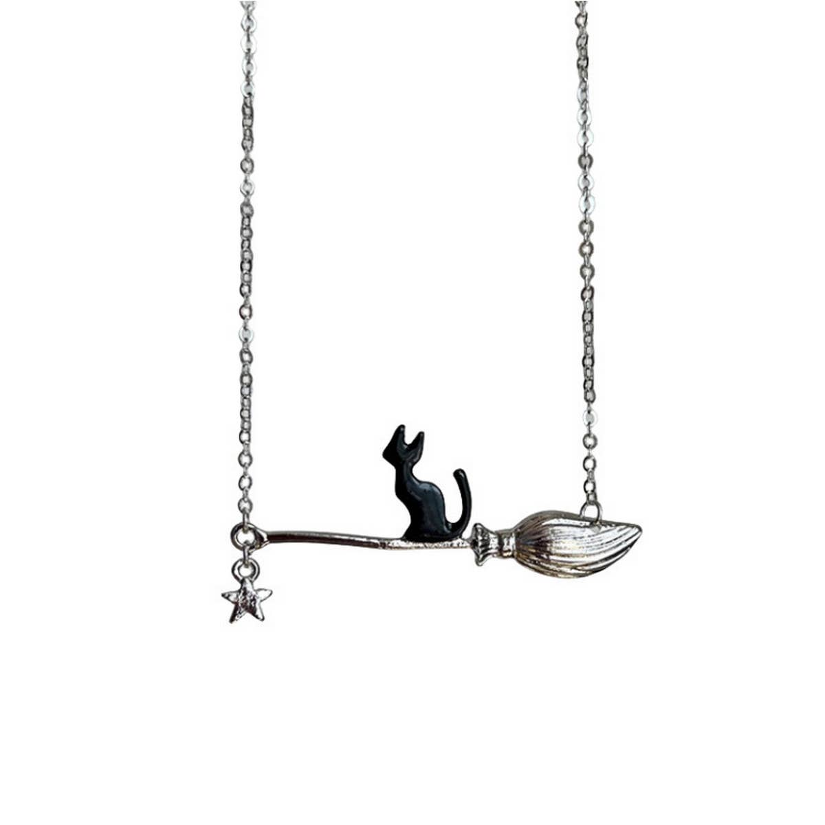 HALLOWEEN MAGIC BROOM BLACK CAT NECKLACE_CWAJE2434