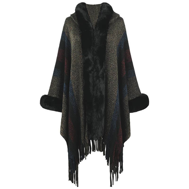 Womens Hooded Cape Striped Knitted Fringe Shawl