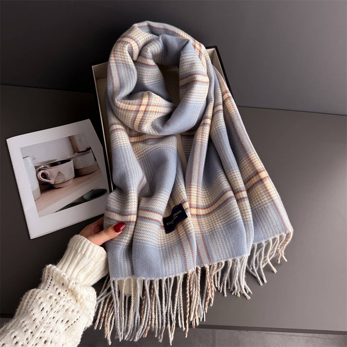 Elegant Plaid Feel Soft Winter Tassel Scarf_Cwasc03241